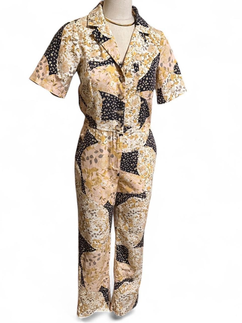 Greylin Anthropologie Jetsetter Patchwork Print Short-Sleeve Floral Jumpsuit